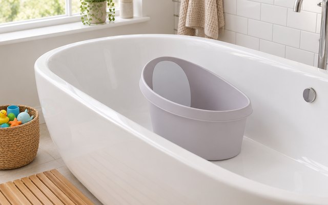 Shnuggle Toddler Bath, set inside a large white bathtub in a bright bathroom, a wooden bath mat and a basket of bath toys on the floor