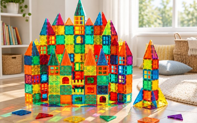 A castle of coloured magnetic tiles on a playroom floor