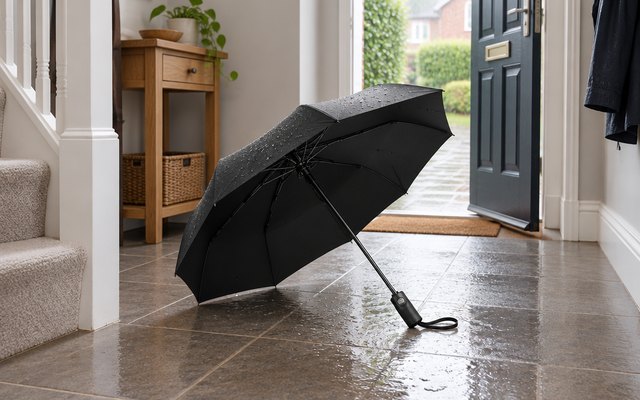 TUMELLA travel umbrella, open and drying on the tiled floor of a British hallway after rain