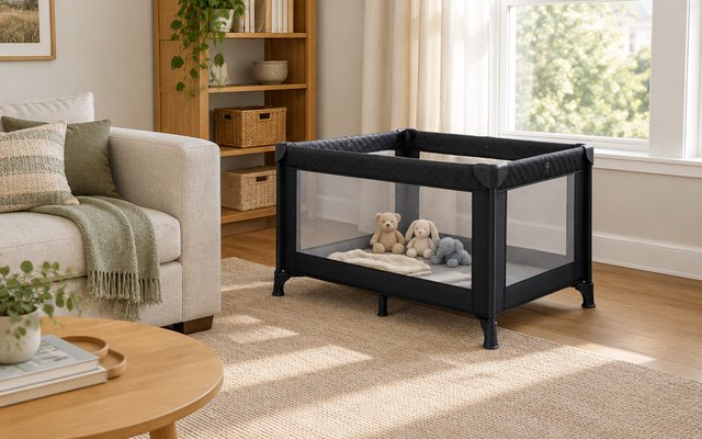 My Babiie travel cot, in a living room beside a sofa