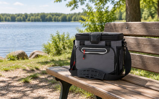 Titan HardBody cooler, on a park bench beside a lake on a sunny day