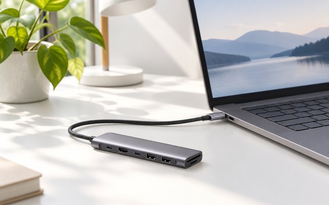 UGREEN 7-in-1 USB-C hub, beside a laptop on a white desk