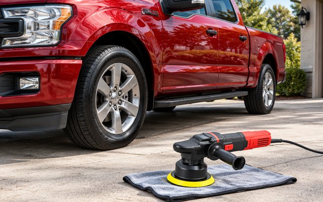AOBEN 6-inch dual action polisher, on a microfiber towel on the driveway beside a glossy red pickup truck