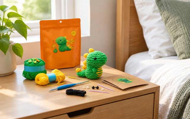 The Woobles dinosaur crochet kit, on a bedside table in a bright bedroom