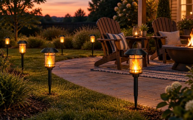 Dynaming solar flame torches, around a backyard patio with Adirondack chairs at dusk