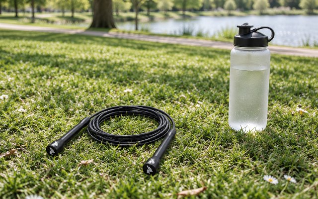 Elite Jumps rope lying on the grass in a park beside a water bottle