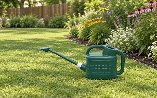 Qilebi 2-gallon watering can, on the lawn of a big backyard near a flower border