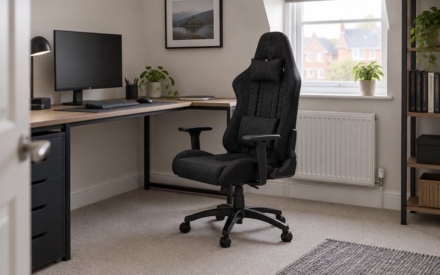 Gaming chair, at a corner desk in a British spare room in soft daylight