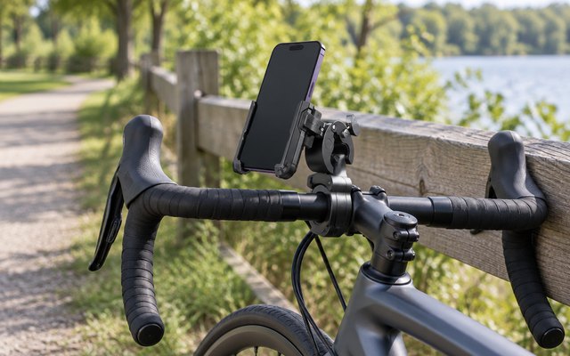 Lamicall 1s bike phone mount, clamped to the handlebar of a road bike leaning against a wooden fence by a park trail