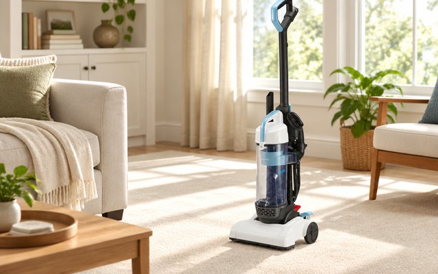 Amazon Basics Upright Bagless Vacuum, upright vacuum standing on a freshly vacuumed cream carpet in a bright living room, sunlight across the floor