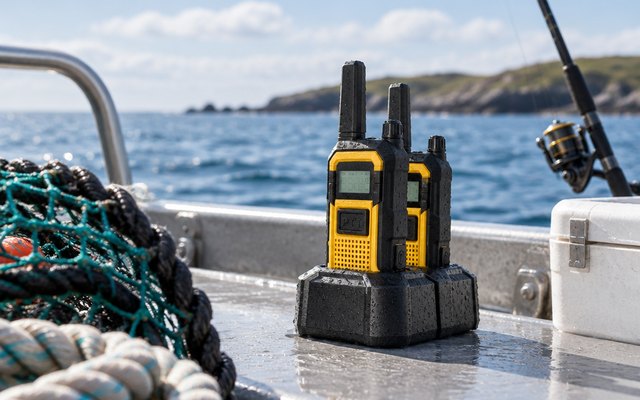 Retevis RB48 walkie-talkies, on the deck of a small fishing boat, water droplets on them