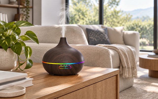 InnoGear 13.5 fl oz diffuser, on a wooden console table in an open-plan living room, a sofa and big windows behind