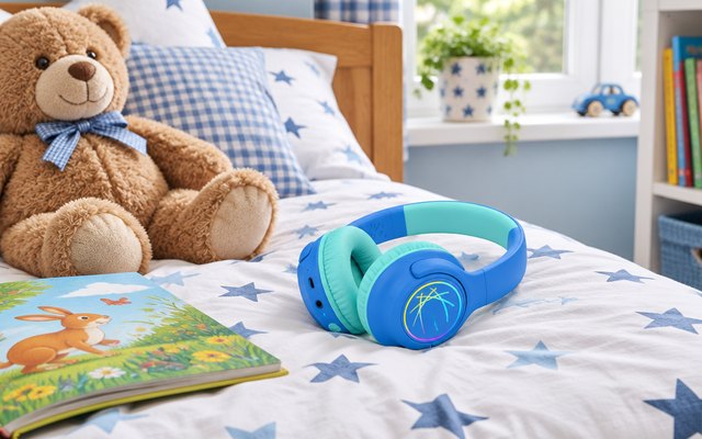 iClever kids' headphones, on a child's bed beside a teddy and a picture book