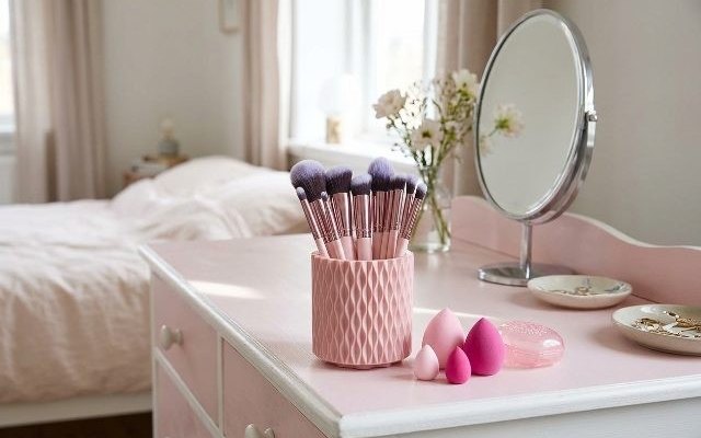 Pink 18-brush set in its rotating holder, on a bedroom dresser