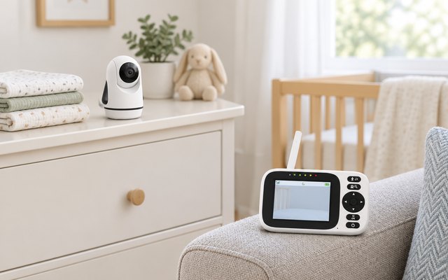 Small baby monitor camera on a nursery dresser beside folded muslin cloths