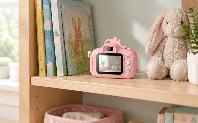 Gofunly kids camera, on a child's bedroom bookshelf beside picture books and a plush rabbit