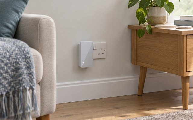ASUS RP-AX58 extender, plugged into a UK wall socket above the skirting board in a British living room, beside a side table
