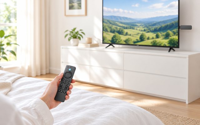 Fire TV Stick 4K Max with its remote, in a sunny bedroom