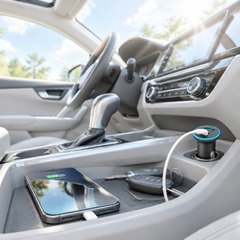 Small black car charger in a sunlit console socket, a phone charging in the tray beside it