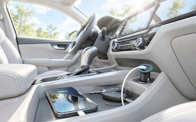 Small black car charger in a sunlit console socket, a phone charging in the tray beside it