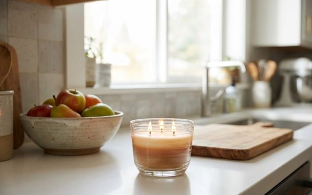 Lit three-wick glass jar candle of caramel and cream wax on a white kitchen counter