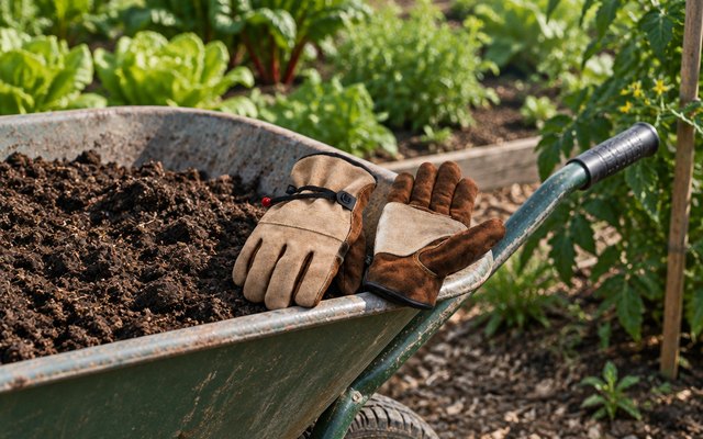 WZQH Leather Work Gloves, pair of leather work gloves resting on the edge of a wheelbarrow full of soil in a vegetable garden