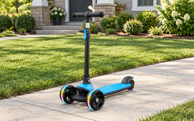 besrey 3-wheel kids' scooter, parked on a suburban sidewalk in front of a house with a green lawn