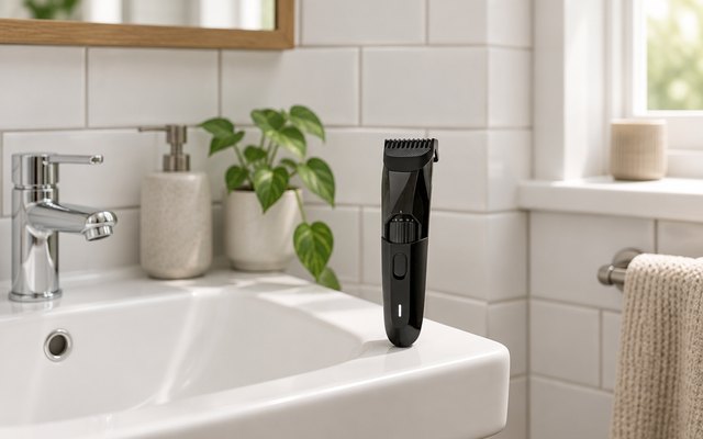 MANSCAPED Beard Hedger trimmer, on the edge of a white pedestal sink in a small apartment bathroom with white subway tile