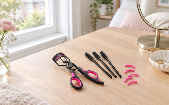 ZDXY eyelash curler kit with lash wands and spare pads, on a wooden dressing table in a bright bedroom