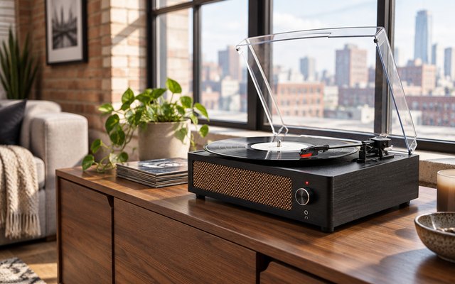 Seasonlife R608 Record Player with Speakers, on a low cabinet in a loft with big windows
