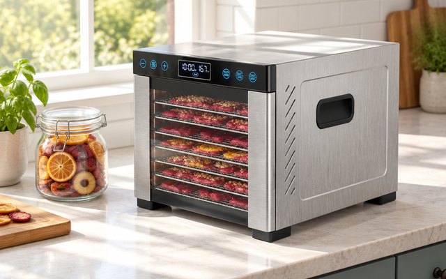 Magic Mill Pro Food Dehydrator, stainless steel food dehydrator with a glass door on a sunny counter, dried fruit in a glass jar next to it