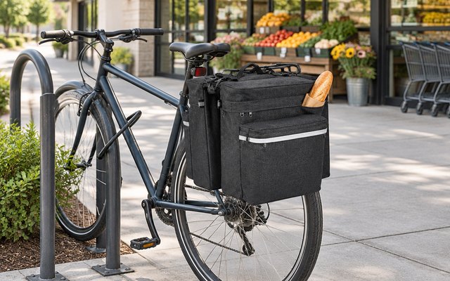 KEMIMOTO double pannier, fitted over the rear rack of a commuter bike parked at a bike rack outside a neighborhood grocery store, a baguette peeking out
