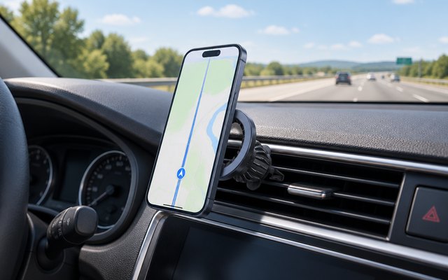 A magnetic ring phone mount on a car air vent