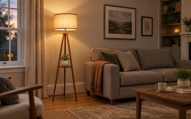 Tripod floor lamp, beside a sofa in a British living room