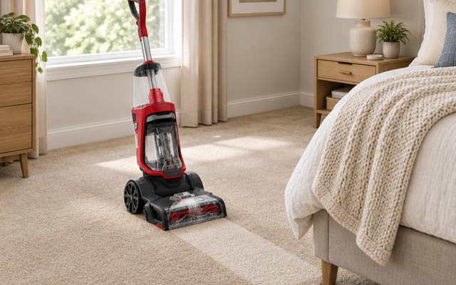 Upright carpet cleaner on a beige bedroom carpet beside the bed
