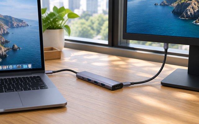 UGREEN 5-in-1 USB-C hub, plugged into the side of a laptop on a wooden desk by a window, a cable running to a monitor