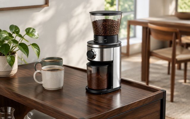 Ollygrin conical burr grinder, on a dark walnut coffee cart in a dining room beside two ceramic mugs
