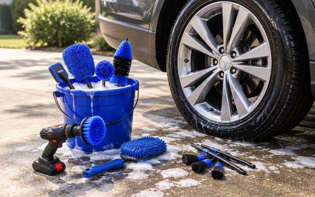 Set of car detailing brushes, a few of the brushes in a small wash bucket beside a freshly cleaned alloy wheel on a driveway