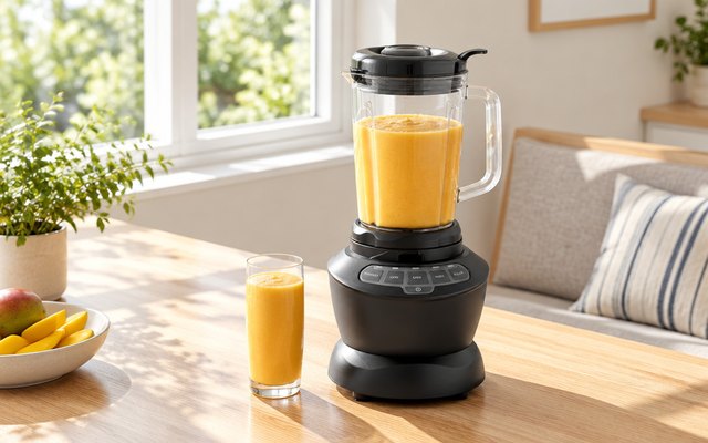 nutribullet Full-Size Blender Combo, on a light wood counter in a sunny breakfast nook, the pitcher filled with orange mango smoothie, a glass of it poured besi