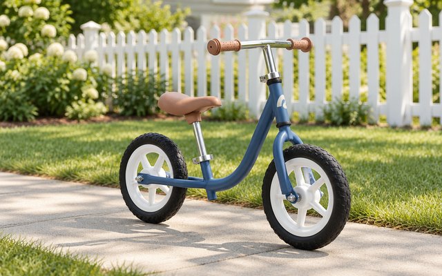Retrospec Cub balance bike, standing on a sunny suburban sidewalk, a lawn and a white picket fence behind