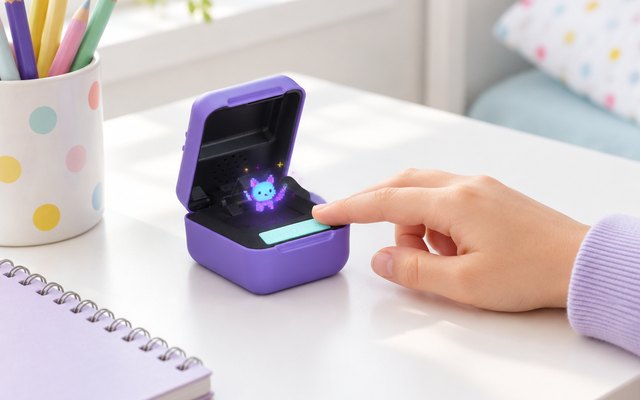 Purple clamshell digital pet open on a bedroom desk with a glowing pixel pet inside