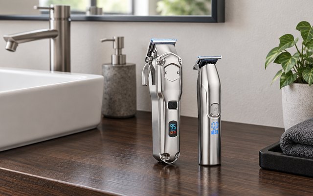 Jack & Rose clipper and trimmer set, side by side on a dark wood bathroom vanity