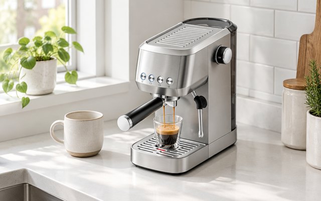 CASABREWS 3700 Essential, on a small white counter in a compact kitchen by a window beside a ceramic mug