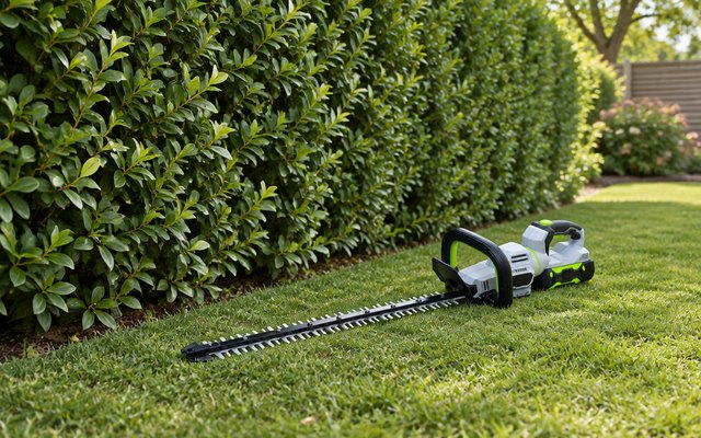 EGO Power+ 26-inch hedge trimmer, lying on a green lawn beside a tall privet hedge in a backyard