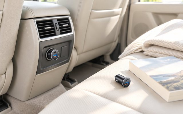 Two thumb-sized car chargers, one in a rear console socket and one on a sunlit back seat