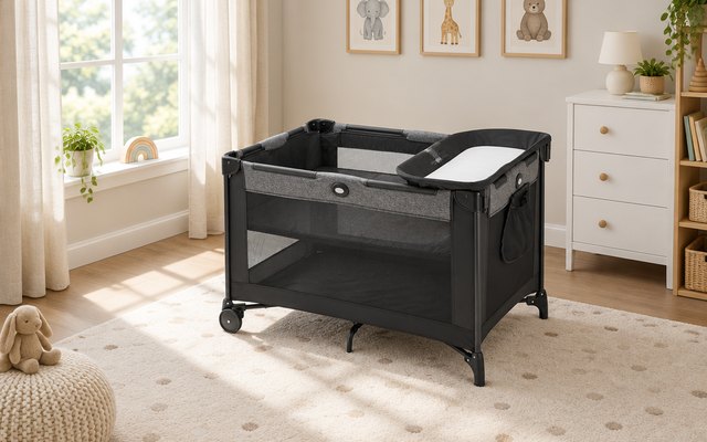 Graco Pack 'n Play Simple Solutions playard, set up in a nursery by a sunny window