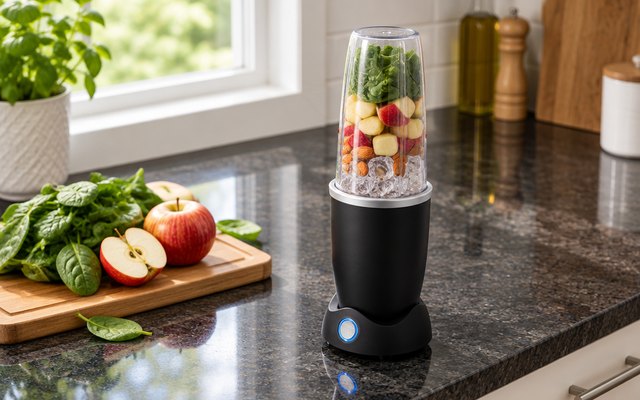 nutribullet Pro+ personal blender, on a dark granite counter beside a cutting board with spinach and apples