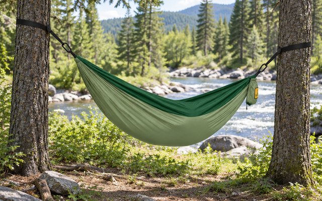 Wise Owl DoubleOwl hammock, hung between two trees at a forest campsite beside a river