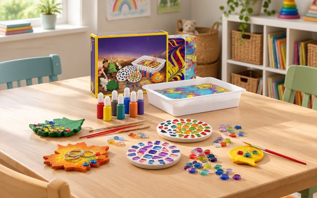 Kids' arts and crafts kit, a few of its projects in progress on a playroom table