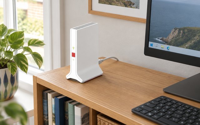 FRITZ!Repeater 3000 AX, standing on a bookshelf in a British home office, a network cable running to a desktop computer